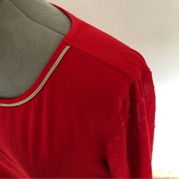 JM COLLECTION Women’s Red Long Sleeve Bellbottom Sleeve Blouse Size M - Picture 7 of 9